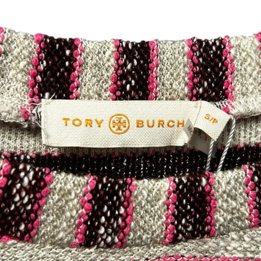 NWT Tory Burch Light Oatmeal Pink Knubby Terry Stripe Tweed Top Womens Small